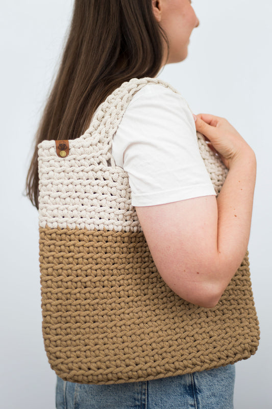 Handmade Crochet Large Tote Bag Brown Sugar/Beige